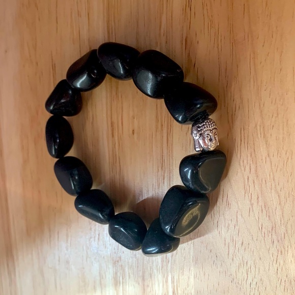 Black Agate Stone Buddha Head Bead Bracelet - Picture 1 of 5